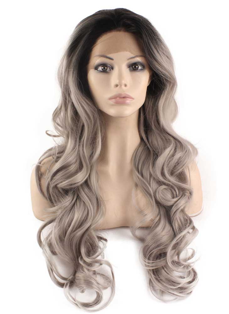 Long Wavy Black Gray Two Tone Lace Front Ombre Wig