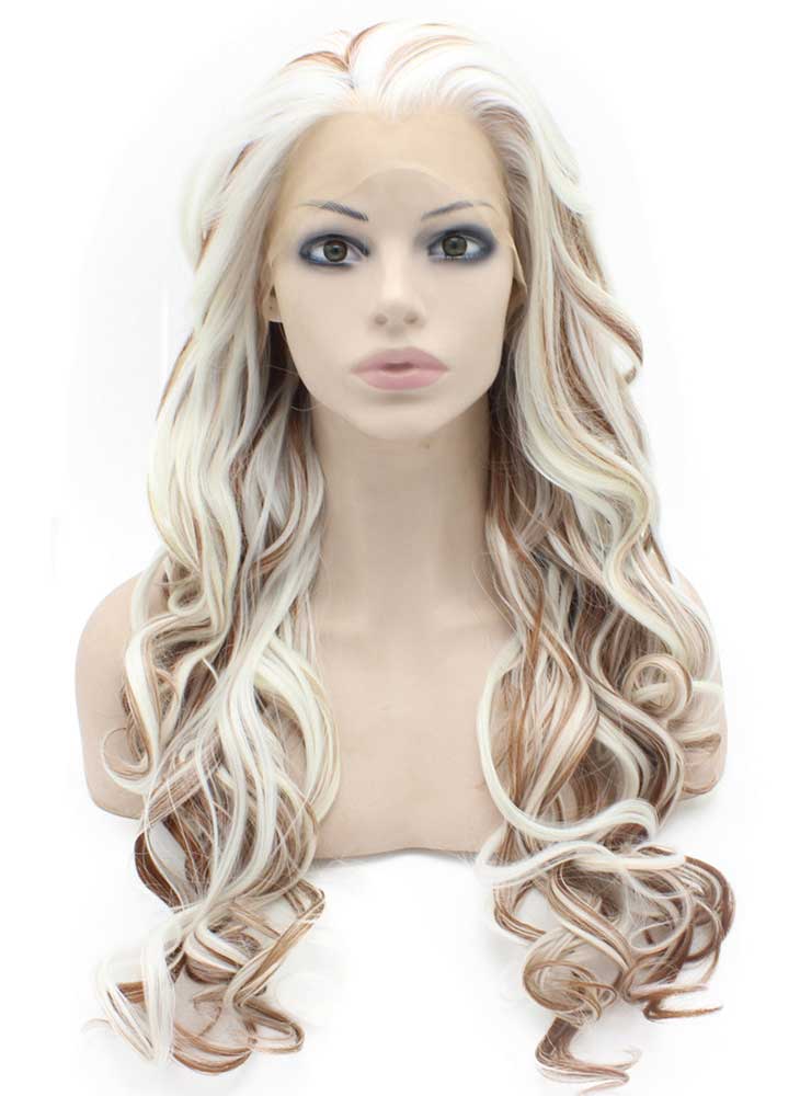 Long Wavy White Auburn Mix Two Tone Synthetic Lace Front Wig Natural