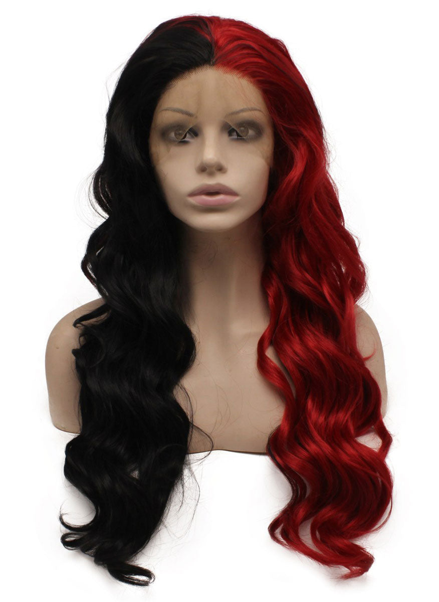 Long Wavy Half Red Black Two Tone Synthetic Lace Front Party Wig