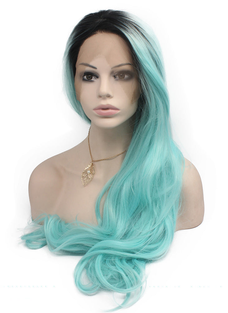 Long Wavy Ombre Blue Heat Resistant Synthetic Lace Front Wig