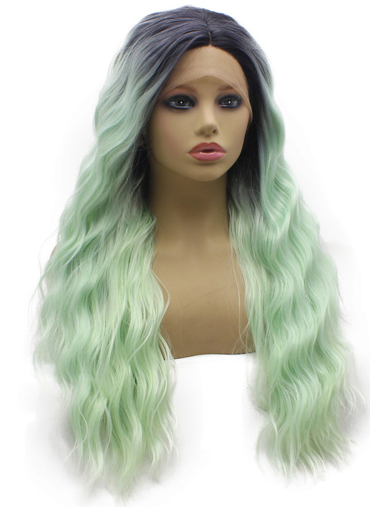 Dark Roots Loose Curly Synthetic Lace Front Ombre Ming Green Wig