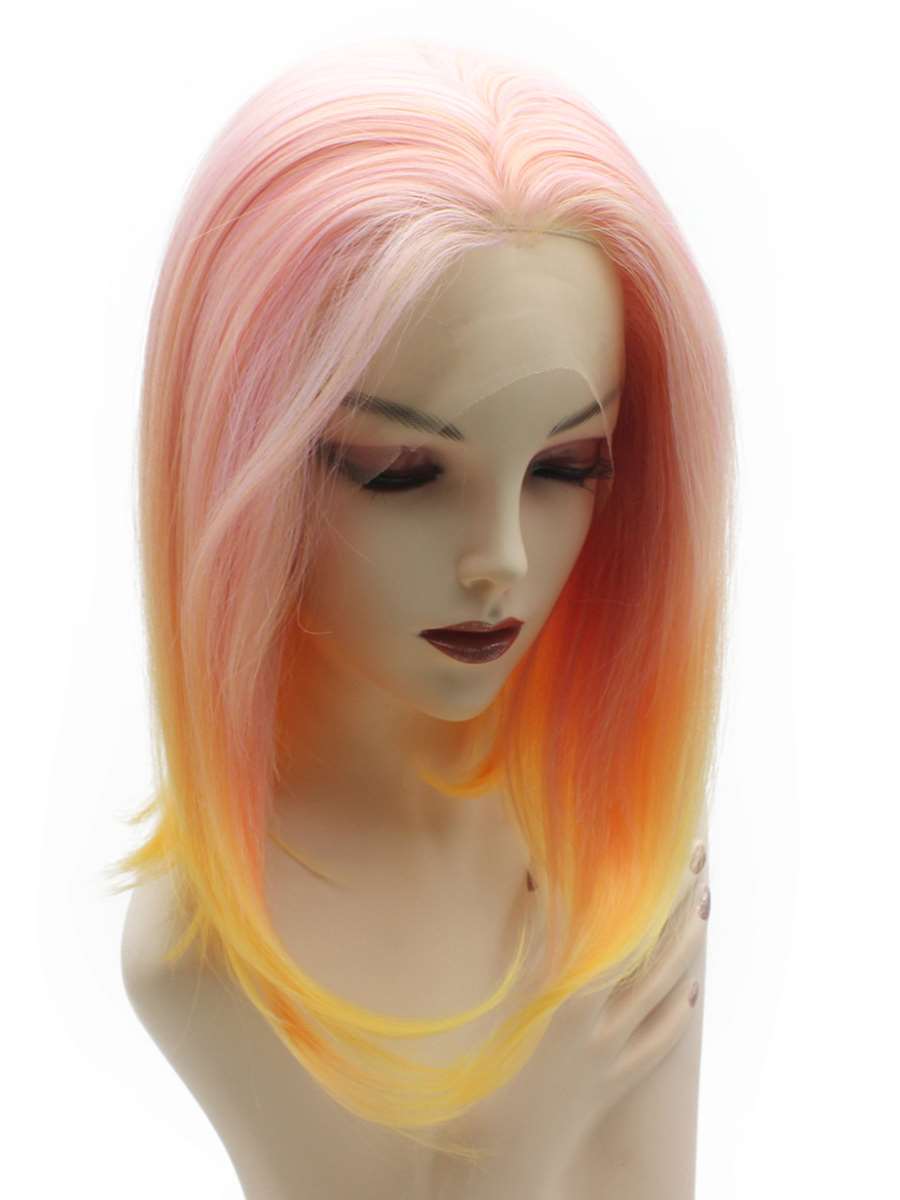 Synthetic Lace Front Short Bob Pink Orange Mix Color Wig