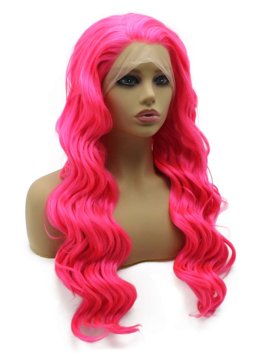 Long Wavy Pink Hand Tied Lace Front Synthetic Wig