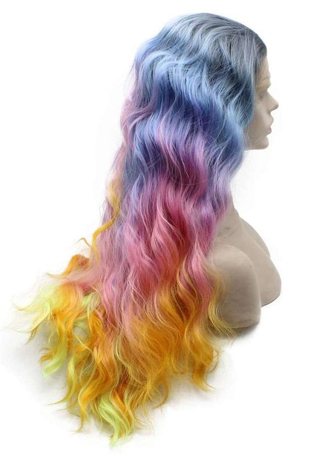 Long Wavy Rainbow Color Synthetic Lace Front Wig