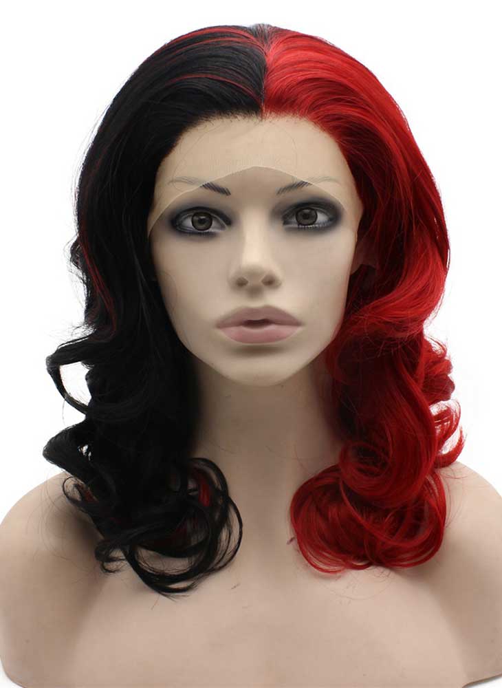 Medium Length Wavy Half Black Red Two Tone Lace Front Wig Synthetic