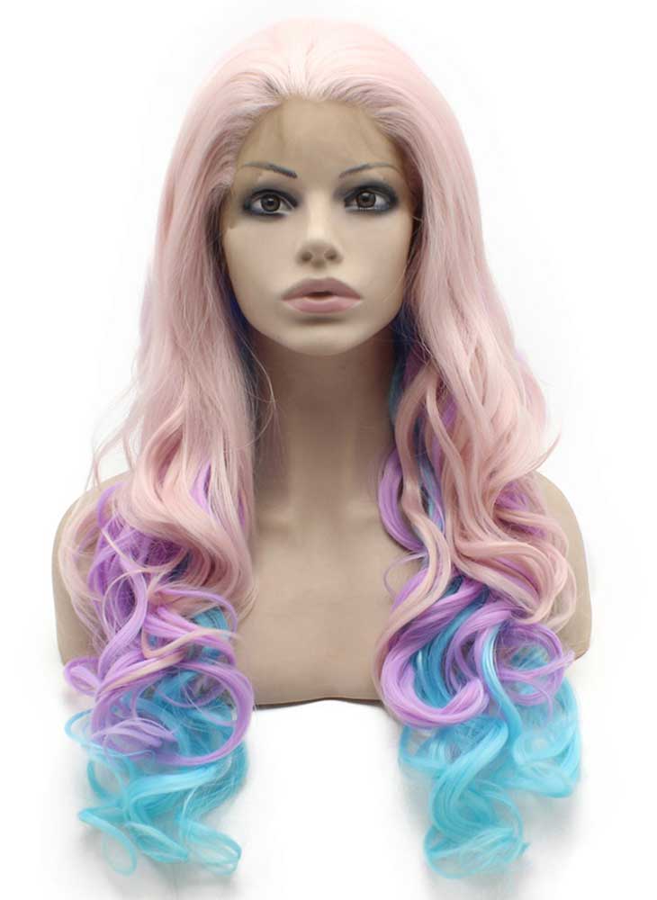 Long Wavy Swiss Lace Front Pink Blue Purple Three Tone Cosplay Party Wig