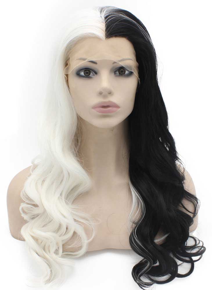 Long Wavy Half White Black Two Tone Synthetic Lace Front Party Wig