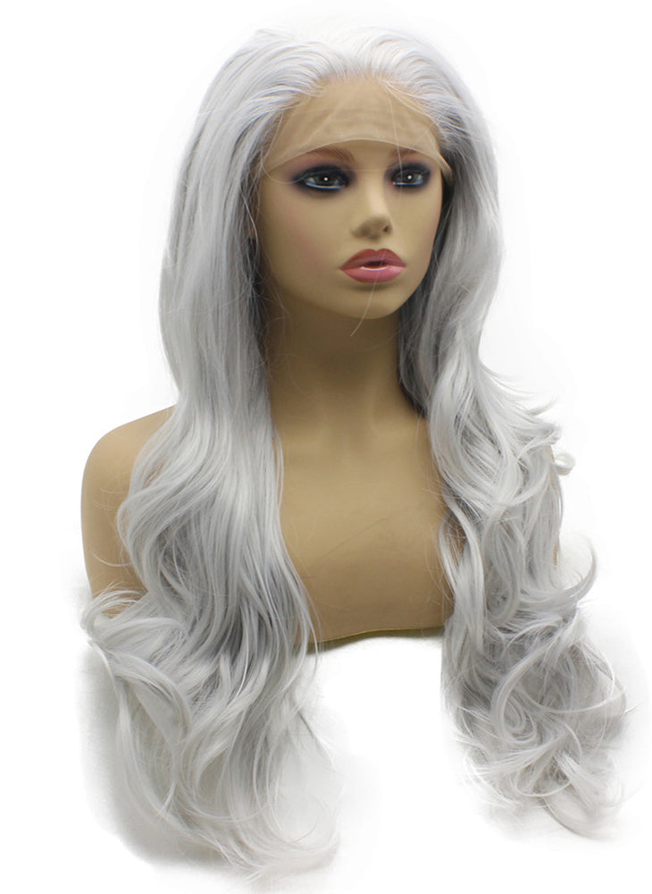 Long Wavy Sliver Hand Tied Lace Front Synthetic Wig