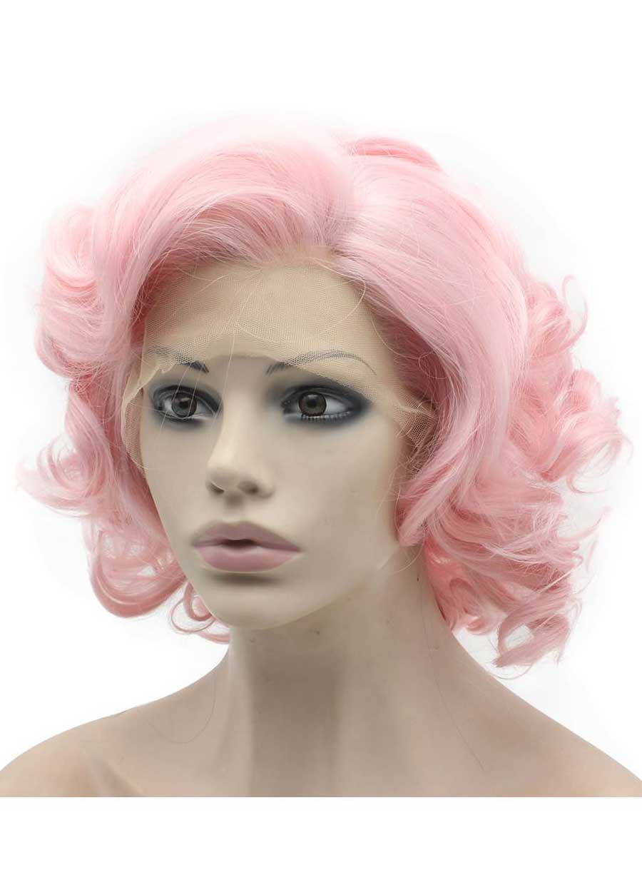 Short Curly Hand Tied Lace Front Synthetic Hair Stylish Pink Wig