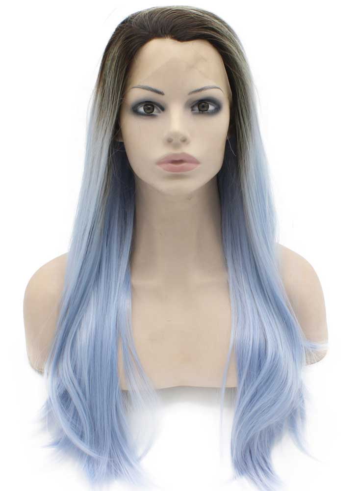 Long Straight Ombre Dark Root Light Blue Two Tone Lace Front Wig