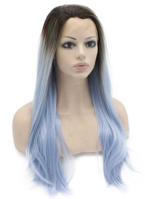 Long Straight Ombre Dark Root Light Blue Two Tone Lace Front Wig