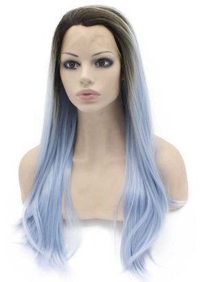 Long Straight Ombre Dark Root Light Blue Two Tone Lace Front Wig