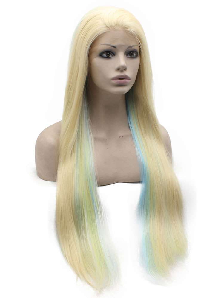 Extra Long Blonde With Colorful Strands Lace Front Synthetic Wig