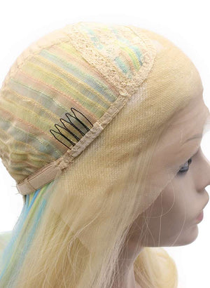 Extra Long Blonde With Colorful Strands Lace Front Synthetic Wig