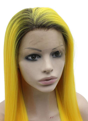 Long Dark Roots Yellow Lace Front Synthetic Wig