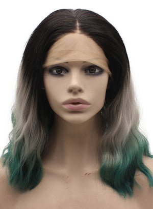 Shoulder Length Gray Green Ombre Lace Front Synthetic Wig