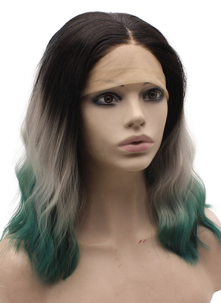 Shoulder Length Gray Green Ombre Lace Front Synthetic Wig