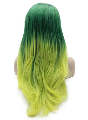 Long Straight Dark Roots Ombre Green Yellow Swiss Lace Wig Halloween