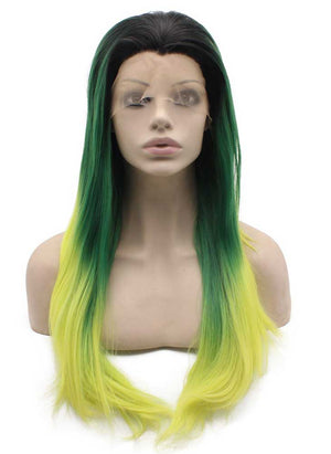 Long Straight Dark Roots Ombre Green Yellow Swiss Lace Wig Halloween