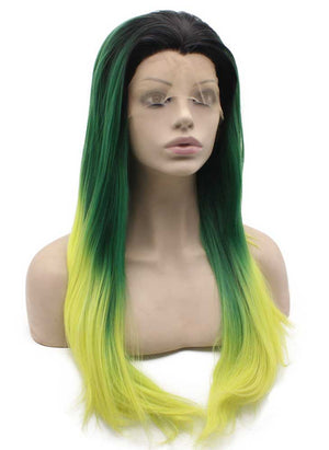 Long Straight Dark Roots Ombre Green Yellow Swiss Lace Wig Halloween