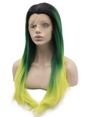 Long Straight Dark Roots Ombre Green Yellow Swiss Lace Wig Halloween