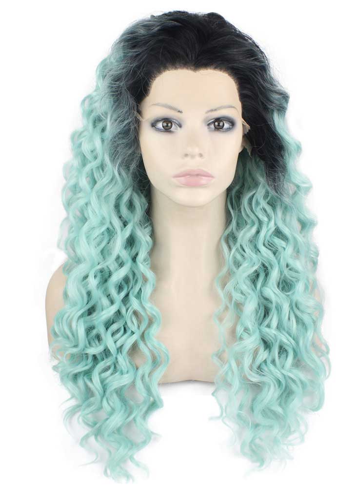 Ombre Blue Black Long Curly Wig (26in)