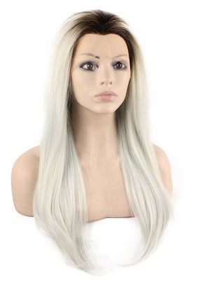 Long Straight Hand Tied Lace Front Dark Root Ombre Light Blue Two Tone Wig