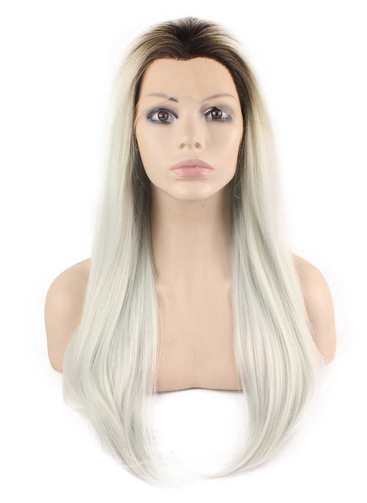 Long Straight Hand Tied Lace Front Dark Root Ombre Light Blue Two Tone Wig