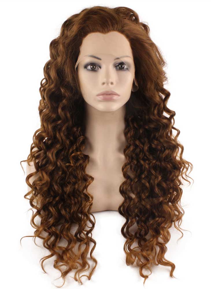 Long Curly Brown Blond Mix Heat Friendly Fiber Hair Lace Front Wig