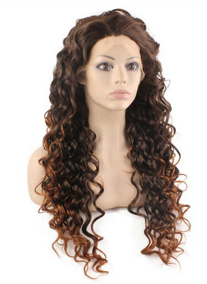 Long Curly Auburn Tip Brown Two Tone Ombre Lace Front Wig