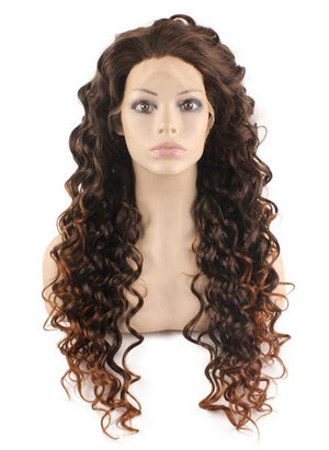 Long Curly Auburn Tip Brown Two Tone Ombre Lace Front Wig