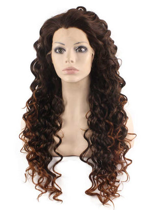 Long Curly Auburn Tip Brown Two Tone Ombre Lace Front Wig