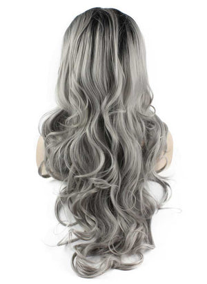 Long Wavy Black Gray Two Tone Lace Front Ombre Wig