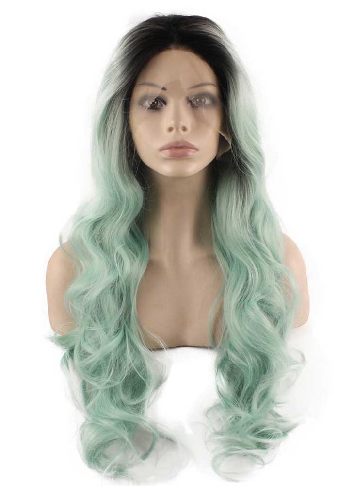 Long Wavy Dark Root Synthetic Lace Front Ombre Wig Blue