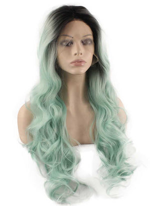 Long Wavy Dark Root Synthetic Lace Front Ombre Wig Blue