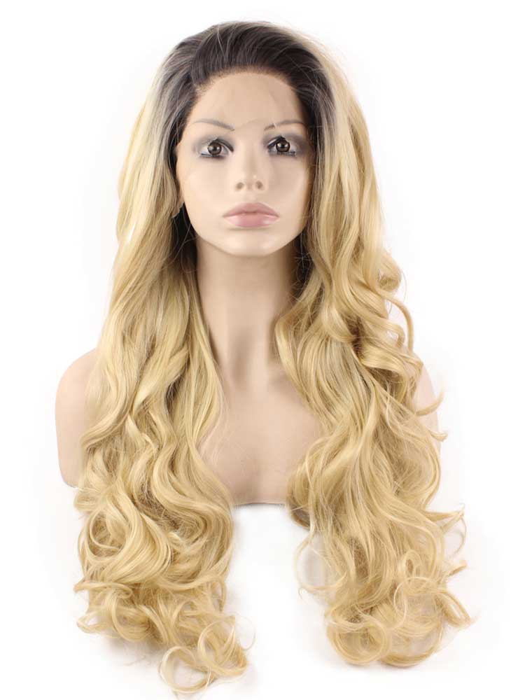 Long Wavy Two Tone Blonde Heat Friendly Synthetic Lace Front Ombre Wig