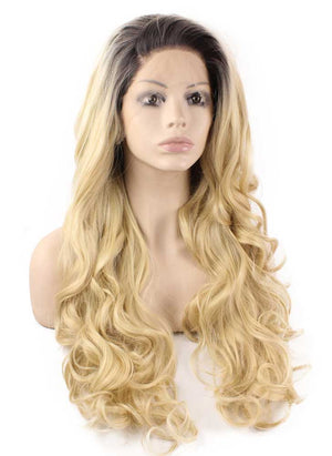 Long Wavy Two Tone Blonde Heat Friendly Synthetic Lace Front Ombre Wig