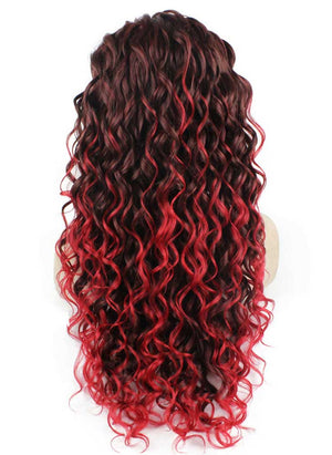 Long Curly Two Tone Ombre Red Heat Safe Fiber Hair Front Lace Wig