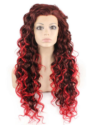 Long Curly Two Tone Ombre Red Heat Safe Fiber Hair Front Lace Wig