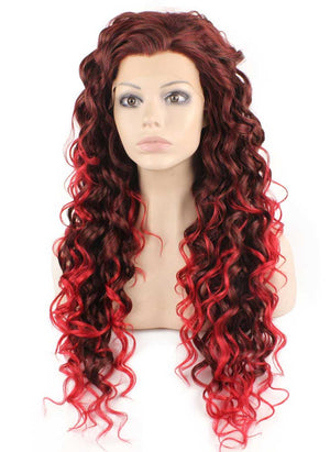 Long Curly Two Tone Ombre Red Heat Safe Fiber Hair Front Lace Wig