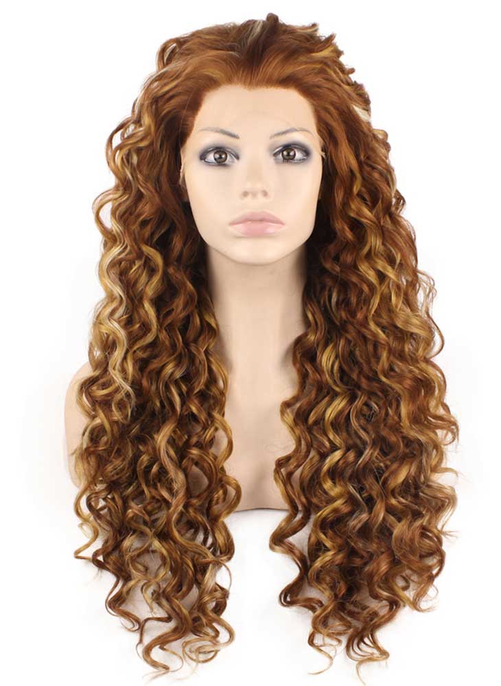 Long Curly Highlight Auburn Heat Safe Fiber Hair Lace Front Wig