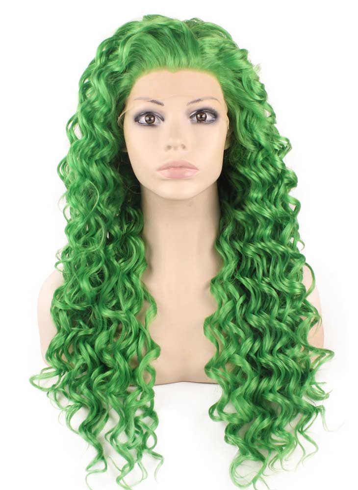 Long Curly Green Synthetic Lace Front Cosplay Party Wig