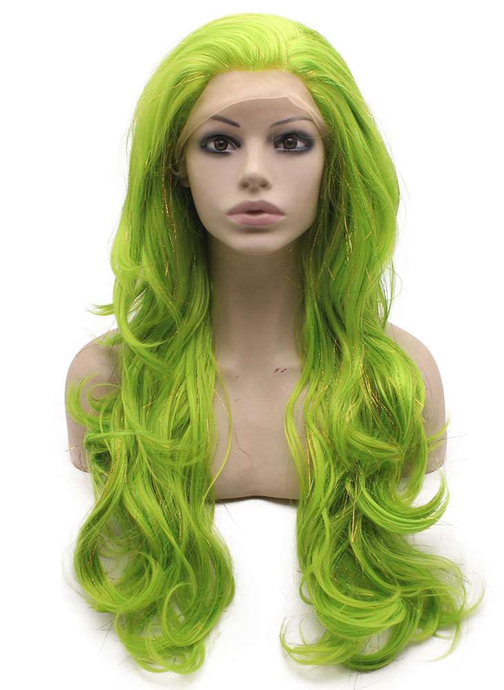 Long Wavy Synthetic Lace Front Light Green Tinsel Wig