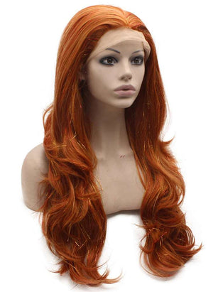 Long Wavy Synthetic Lace Front Red Blonde Tinsel Wig