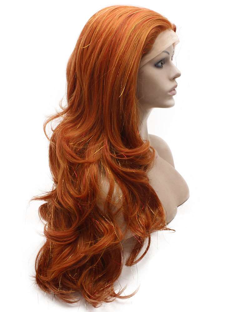 Long Wavy Synthetic Lace Front Red Blonde Tinsel Wig