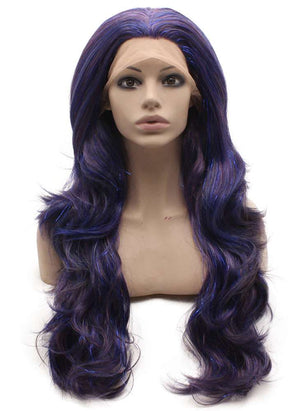 Long Wavy Synthetic Lace Front Bluish Purple and Black Tinsel Wig