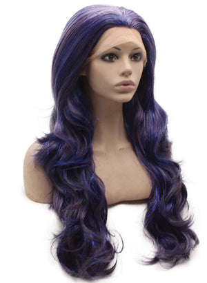 Long Wavy Synthetic Lace Front Bluish Purple and Black Tinsel Wig