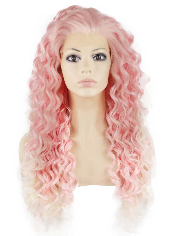 Long Curly Pink Synthetic Lace Front Costume Party Wig