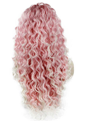 Long Curly Pink Synthetic Lace Front Costume Party Wig