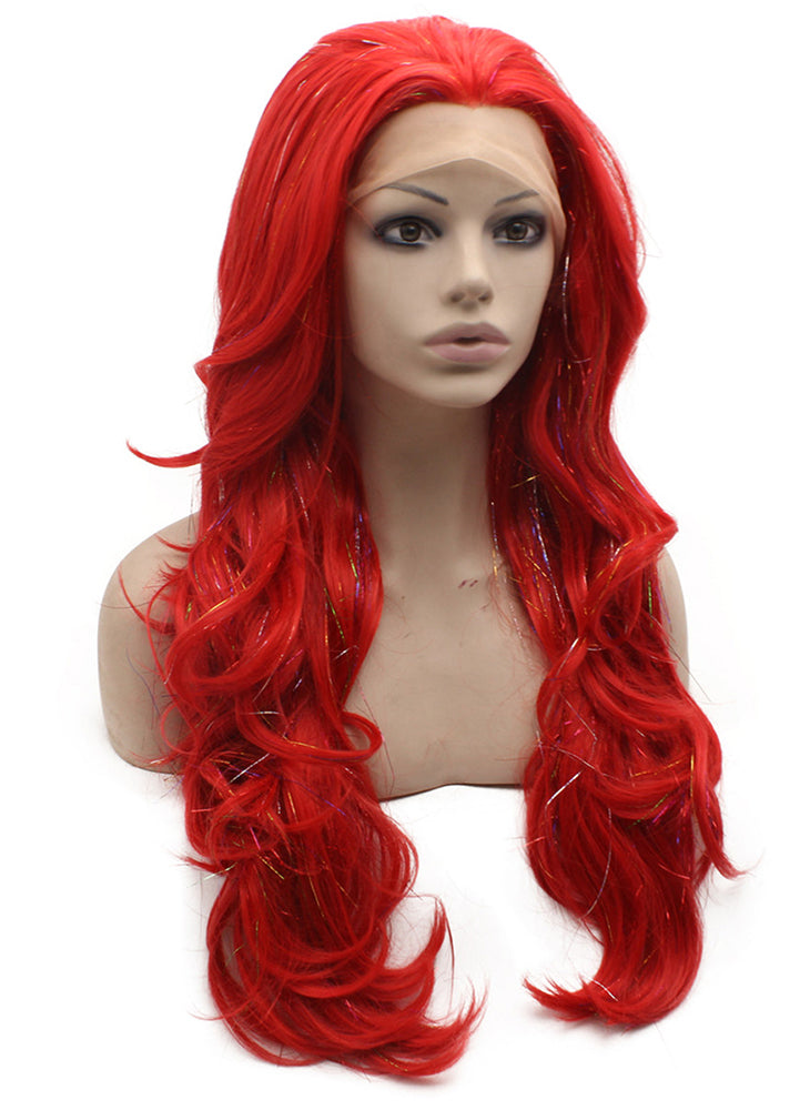 Long Wavy Synthetic Lace Front Red Tinsel Wig